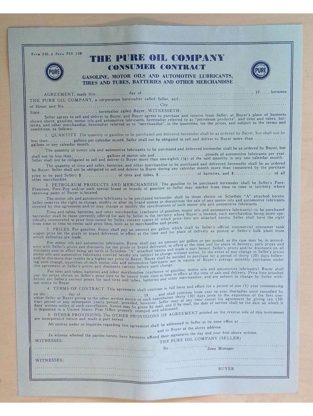 Vintage 1940s-50s Pure Oil Company Consumer Contract Gas Oil Ephemera Paper